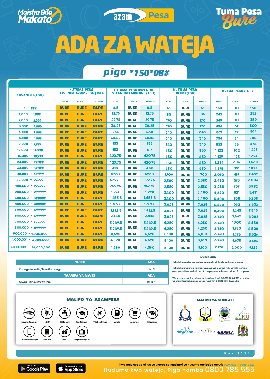 Viwango vya Makato na Ada za Azam Pesa Tanzania